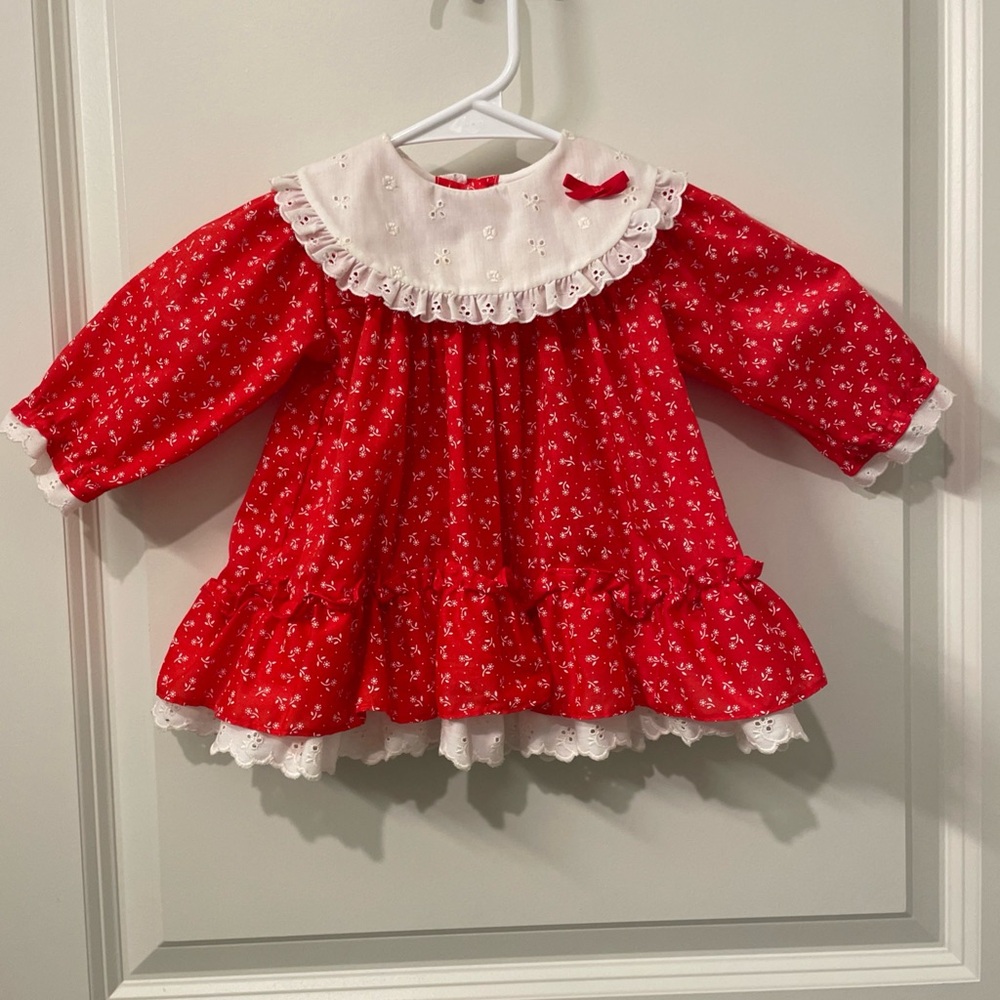 VTG ALEXIS Red Polka Dot Ruffles Lace Long Sleeve Dress 6 Months 13-16 Lbs ditsy